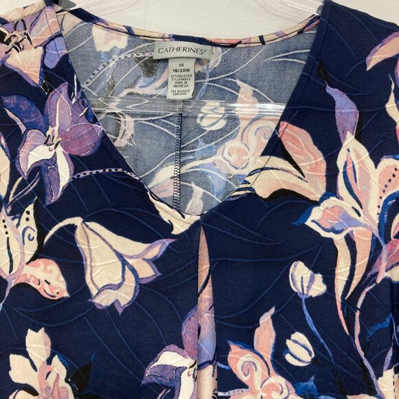 Catherines size 1X Navy Floral Stretch V neck 3/4 Sleeve Top Office Career - Picture 3 of 7